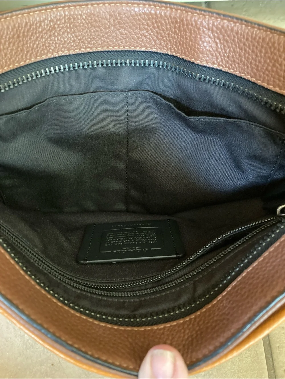 Coach Men’s Brown Signature Patterned Crossbody Messenger Bag with Stripe Accent